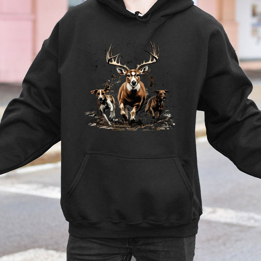 Deer Hunting Hoodie | Running Buck and Hounds Splatter Art | Premium Cotton-Poly Blend | Wildlife Outdoorsman Gift for Men and Women