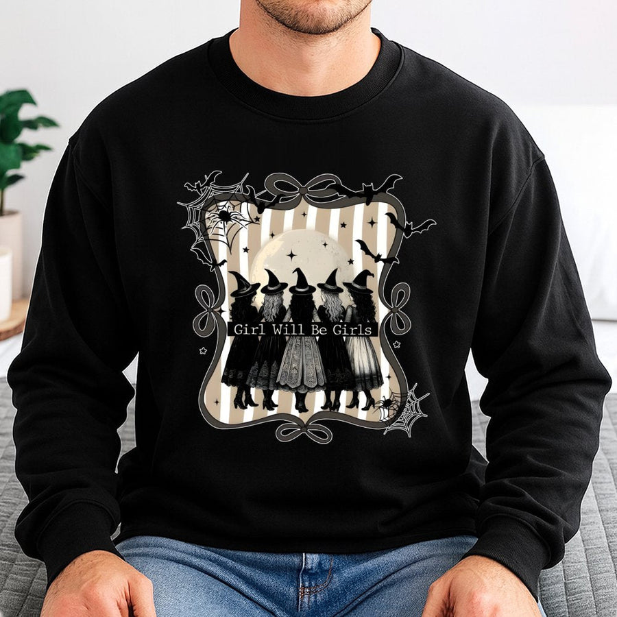 Witch Squad Halloween Sweatshirt | Girls Will Be Girls Graphic Print | Premium Cotton Blend | Spooky Fall Outfit for Women & Witchy Friends
