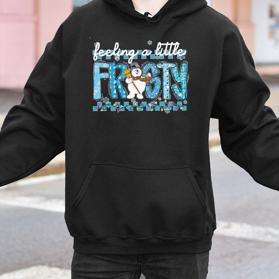 Feeling A Little Frosty Hoodie | Cute Snowman Christmas Lights Graphic | Cotton Blend Premium Pullover | Winter Holiday Gift For Her
