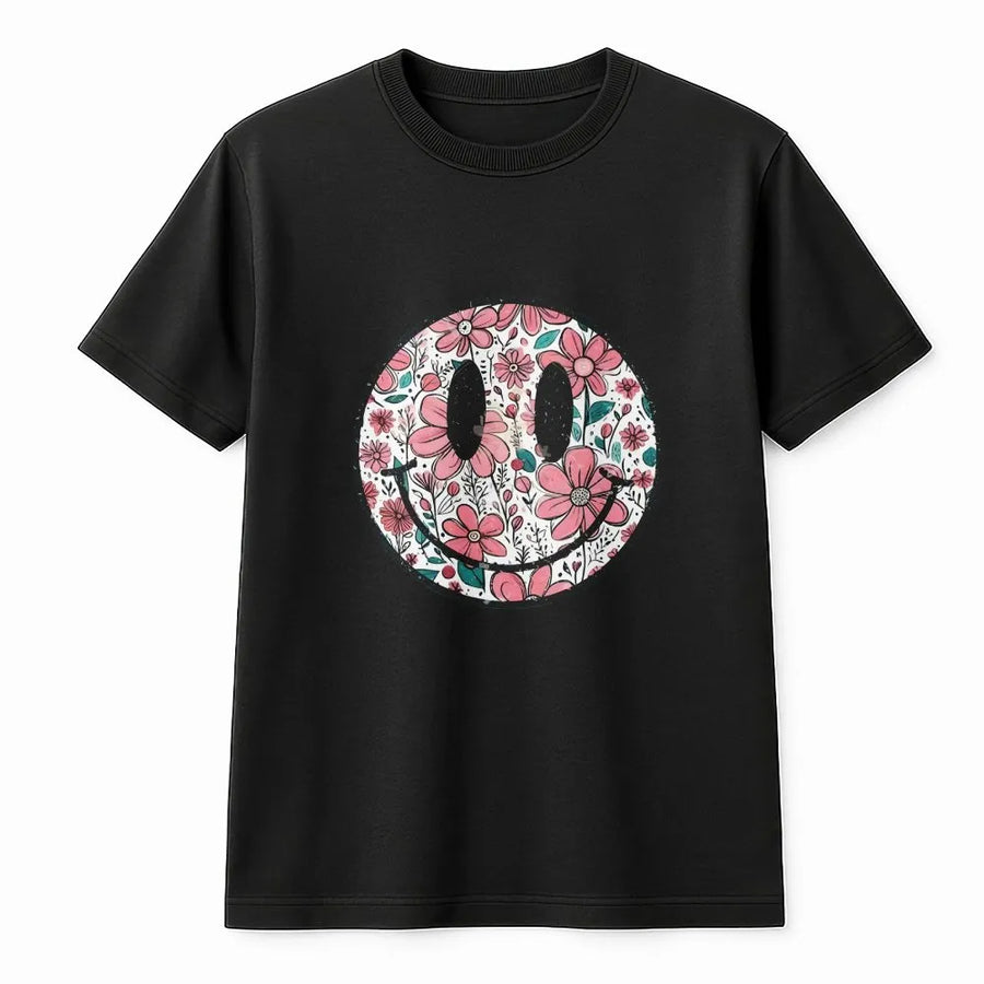 Floral Smiley Face T-Shirt | Cute Retro Daisy Graphic Crewneck | Soft Cotton Blend | Mother's Day Gift for Mom