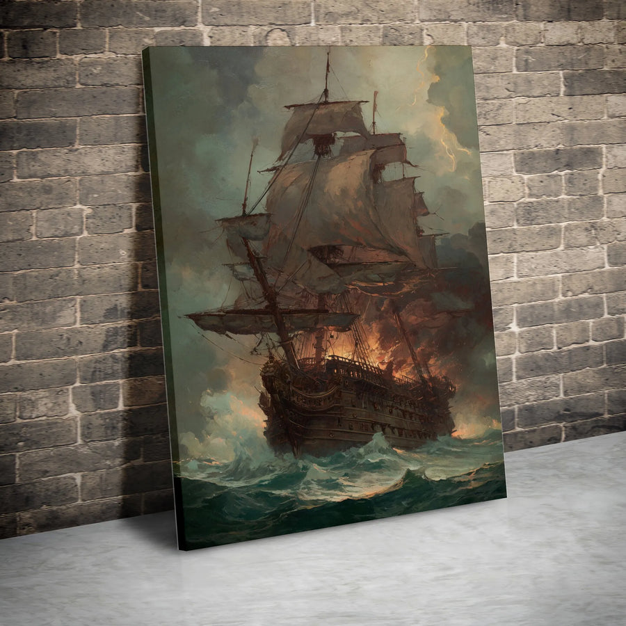Burning Ship Wall Art | Dramatic Stormy Ocean Canvas Print | 1.25-Inch Gallery Wrapped Canvas | Nautical Home Decor Gift for Sea Lovers