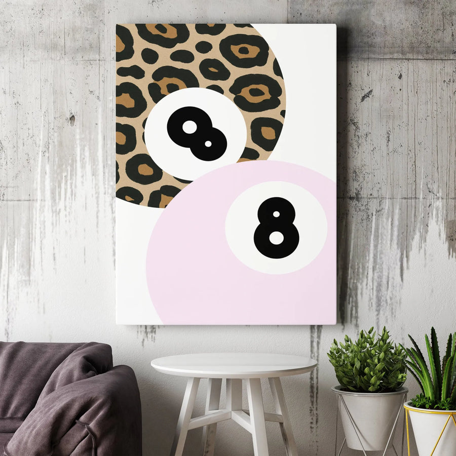 8-Ball Billiards Wall Art | Leopard Print and Pink Aesthetic Decor | Gallery-Wrapped Canvas Print | Modern Preppy Room Decor Gift