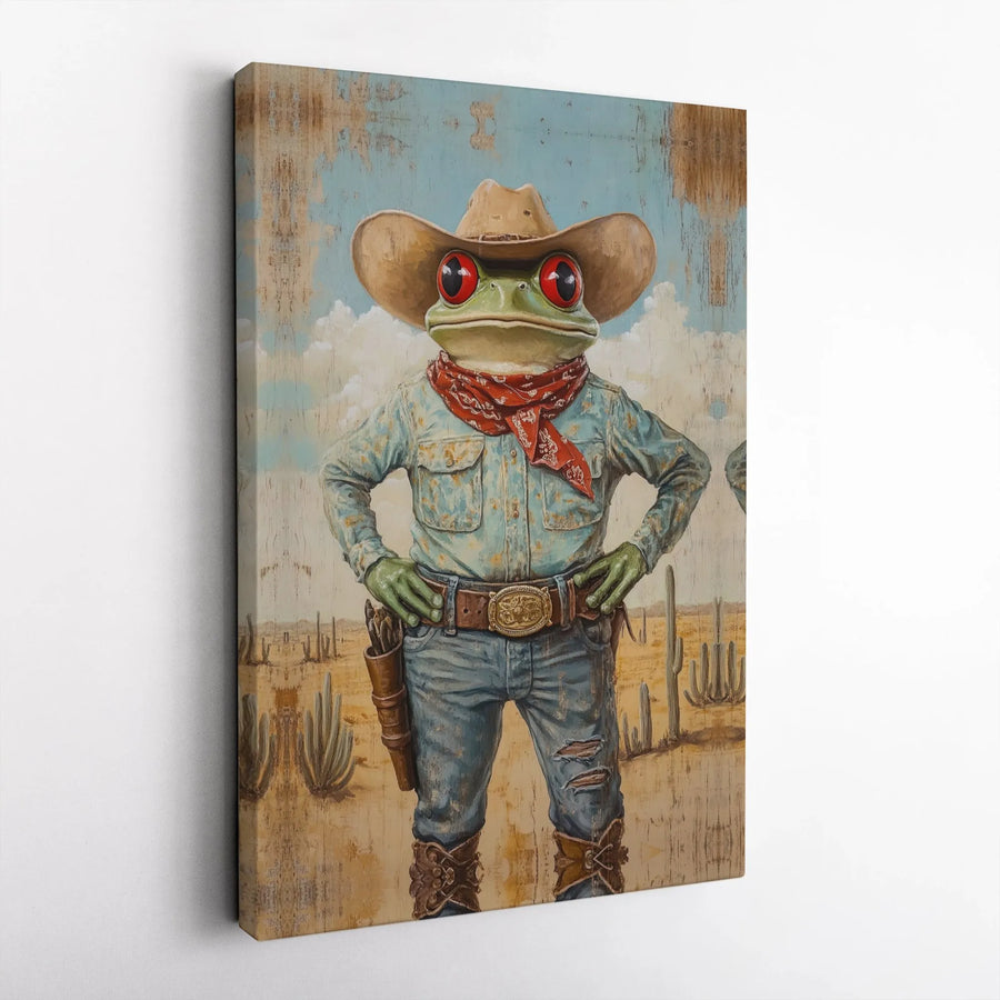 Western Cowboy Frog Canvas Print | Desert Outlaw Anthropomorphic Animal Art | Premium Gallery Wrap Decor | Quirky Wall Art Gift for Men