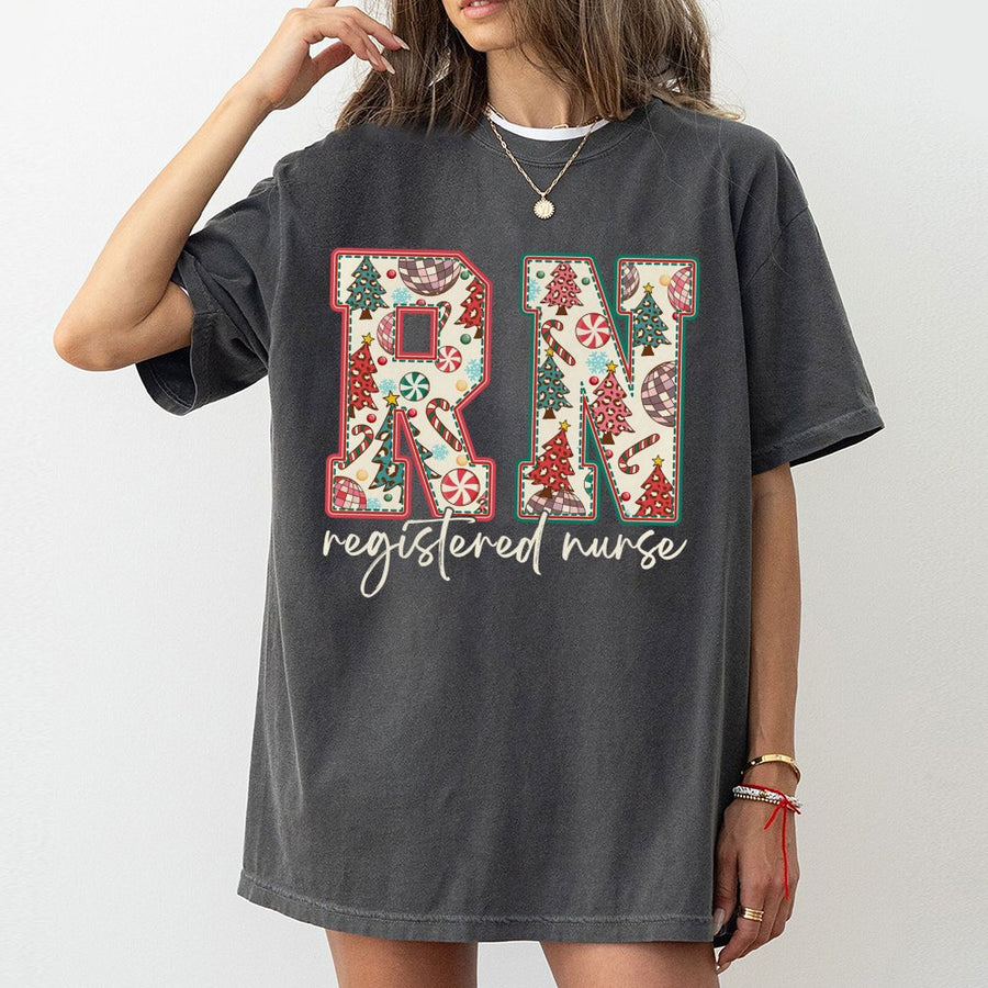 RN Registered Nurse Christmas T-Shirt | Festive Holiday Tree Candy Cane Print | 100% Cotton Premium Tee | Cute Nursing School Student Gift