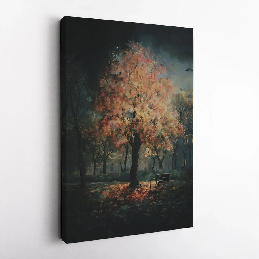 Autumn Tree Canvas Print | Impressionist Night Park Wall Art | 1.25 Inch Gallery Wrap | Cozy Fall Landscape Home Decor