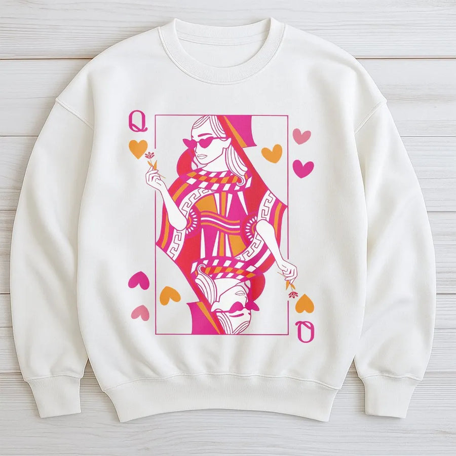 Queen of Hearts Sweatshirt | Playing Card Aesthetic Graphic Design | Premium Cotton Blend Crewneck | Trendy Valentines Day Gift For Her