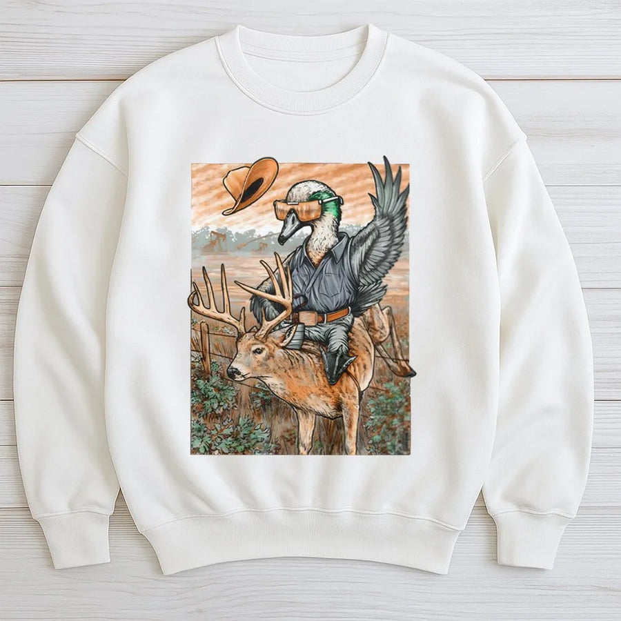 Duck Riding A Deer Sweatshirt | Funny Hunting Humor Graphic | Soft Cotton-Blend Premium Apparel | Unique Gift For Hunters And Outdoor Enthusiasts