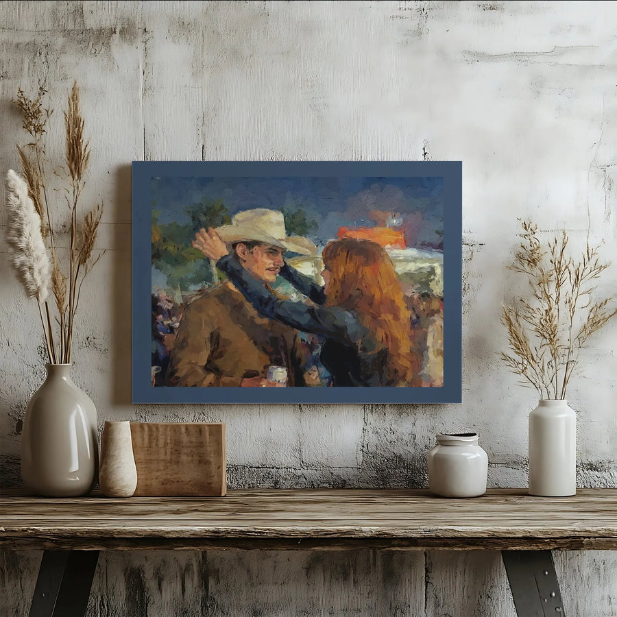 Cowboy And Woman Embracing Canvas Print | Romantic Western Oil Painting Art | Premium 1.25" Gallery Wrap | Gift For Couples And Country Home Decor