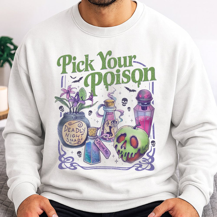 Pick Your Poison Sweatshirt | Vintage Halloween Villain Potion Graphic | Unisex Soft Cotton Blend Crewneck | Spooky Season Gift For Her