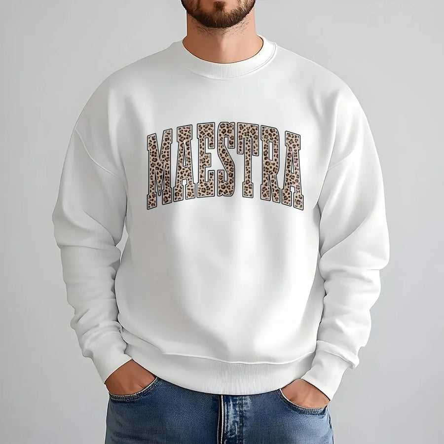 Maestra Sweatshirt | Leopard Print Varsity Lettering | Premium Cotton Blend | Bilingual Spanish Teacher Gift Idea