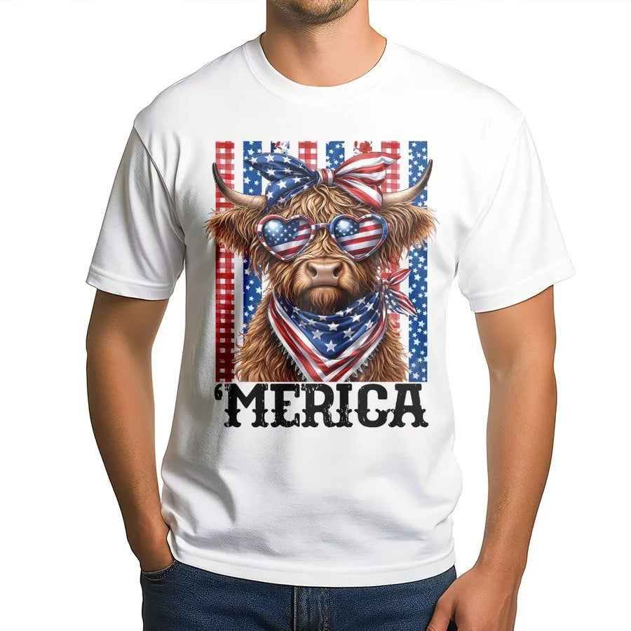 Highland Cow 4th of July T-Shirt | Funny Merica Cow with Flag Glasses | Soft Cotton Tee | Independence Day Patriotic Gift for Men Women