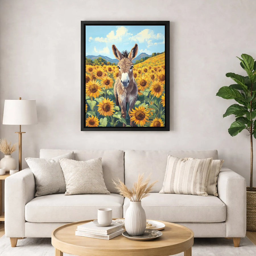 Donkey In Sunflower Field Wall Art | Rustic Farmhouse Animal Print | Premium 1.25 inch Gallery Wrapped Canvas | Country Home Decor Gift