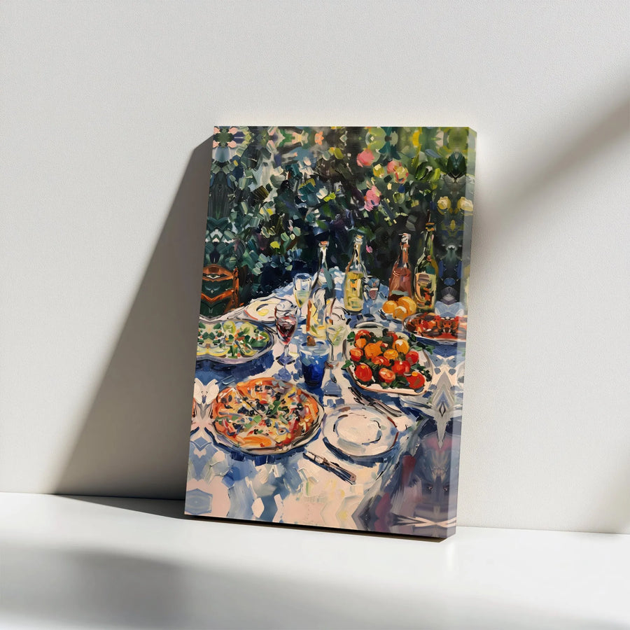 Italian Lunch Canvas Print | Impressionist Garden Feast Painting | Premium Matte Canvas | Kitchen & Dining Room Decor Gift
