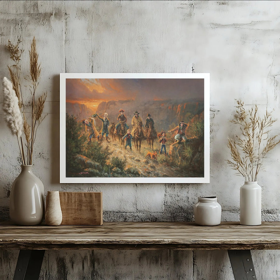 Western Canvas Wall Art | Pioneer Family Cowboy Journey Painting | Premium Gallery Wrap Print | Rustic Home Decor Gift for History Lovers