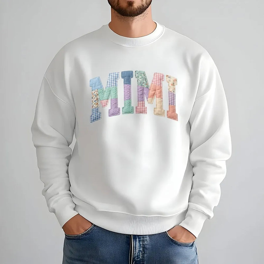 Mimi Sweatshirt | Printed Patchwork Varsity Letters | Cozy Unisex Crewneck | Grandma Core Gift for New Grandmother