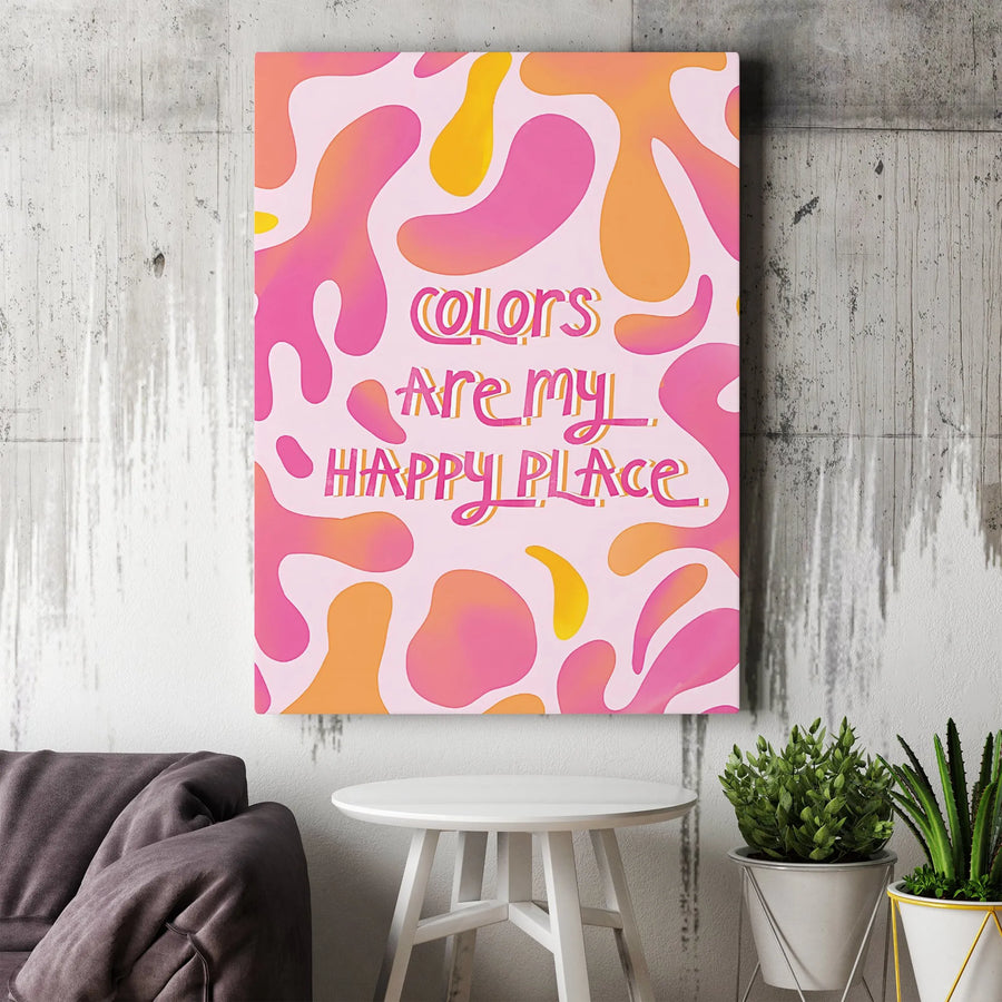 Colors Are My Happy Place Canvas Wall Art | Abstract Pink Yellow Retro Shapes | Premium Gallery Wrap Decor | Inspirational Quote Gift for Her