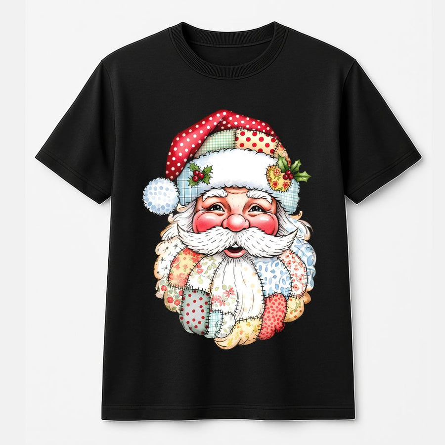 Patchwork Santa Claus T-Shirt | Retro Quilt Pattern Christmas Graphic | 100% Cotton Premium Tee | Festive Holiday Gift for Women and Men