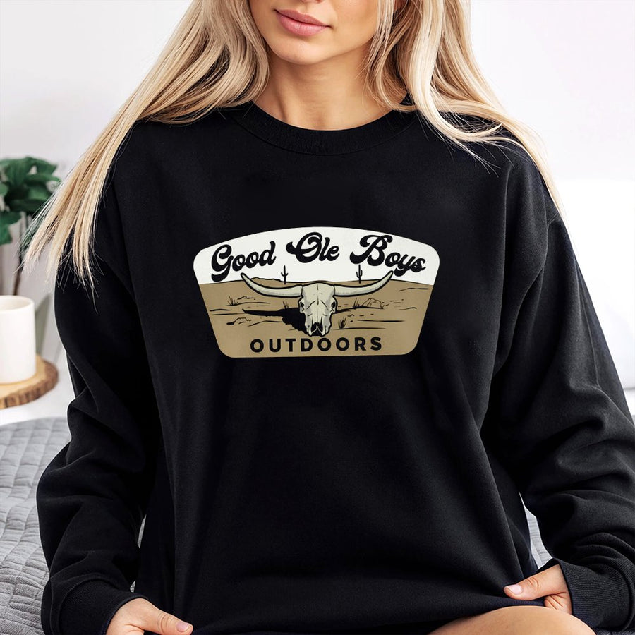Good Ole Boys Outdoors Sweatshirt Western Longhorn Skull Graphic,Perfect For Hunting,Country Lifestyle,And Outdoor Adven