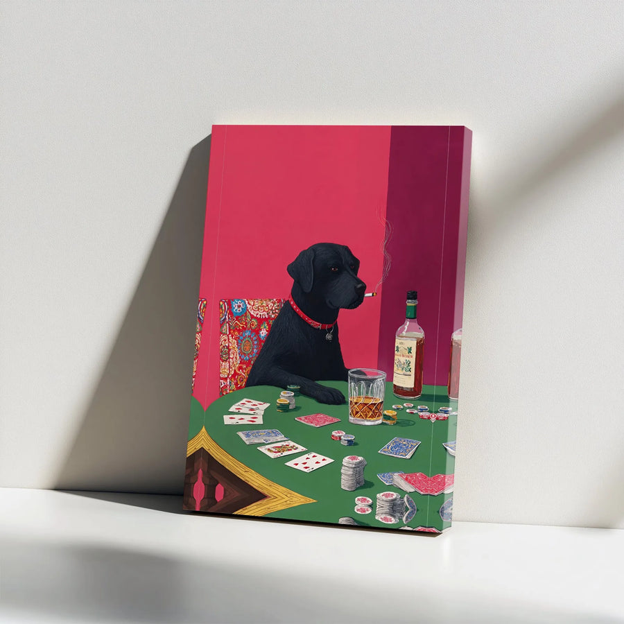 Dogs Playing Poker Canvas Wall Art | Cool Black Lab Smoking & Drinking Whiskey | Premium Gallery Wrapped Canvas | Man Cave & Game Room Decor Gift for Him