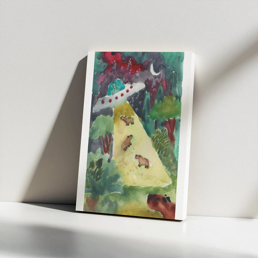 Funny Capybara UFO Wall Art | Watercolor Alien Abduction Painting Print | Premium Gallery Canvas | Unique Weirdcore Decor Gift for Sci-Fi Lover