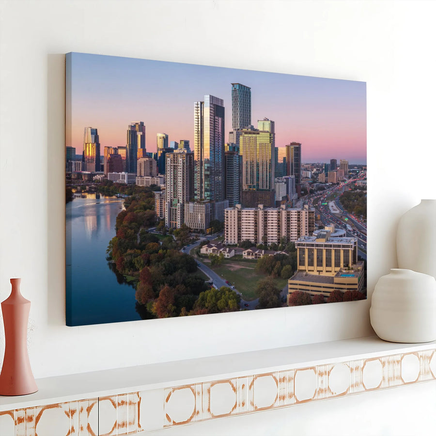 Austin Texas Skyline Horizontal Canvas | Downtown Cityscape Sunset Photo Wall Art | Premium 1.25 Inch Gallery Wrap | Texas Travel Decor Gift for Home or Office