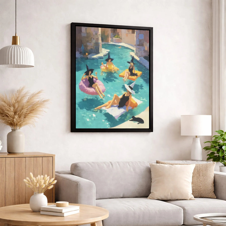 Witch Pool Party Canvas Wall Art | Impressionist Swimming Witches with Black Cat | Premium Gallery-Wrapped Decor | Whimsical Halloween Gift for Her