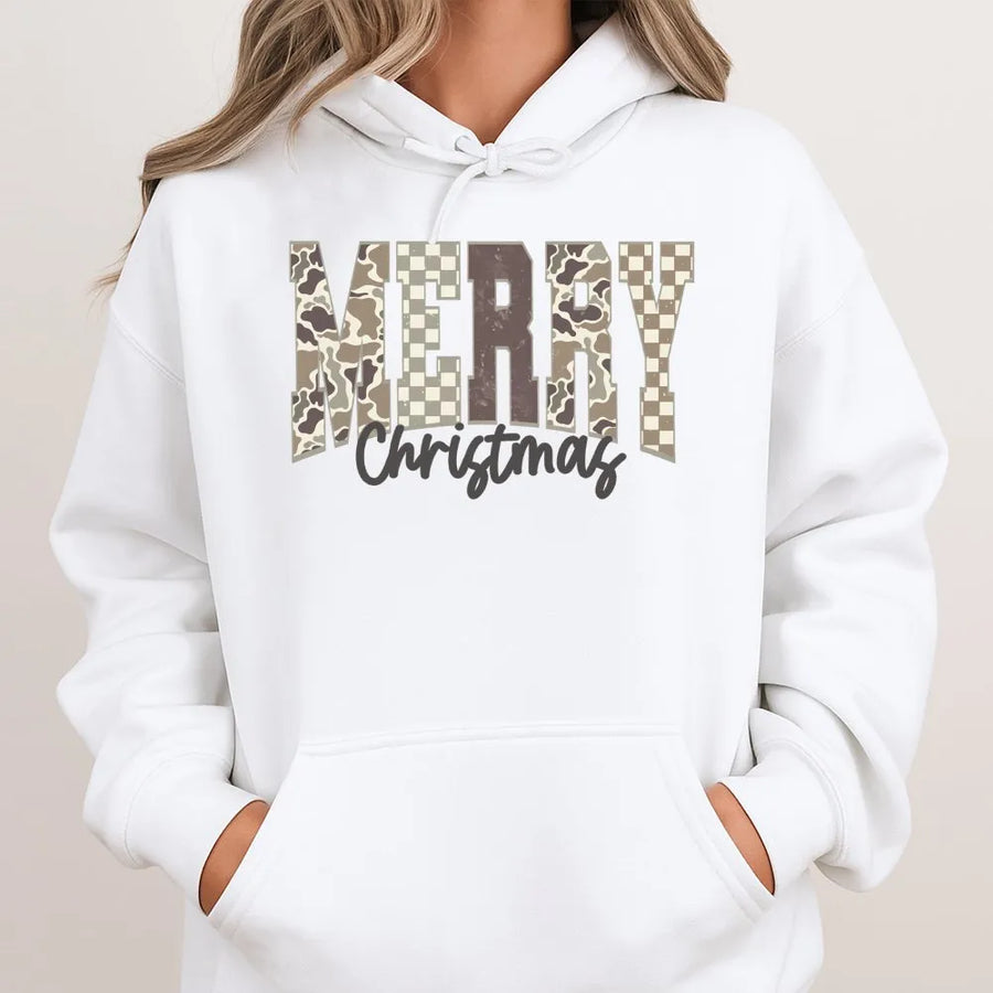 Merry Christmas Camo Hoodie | Trendy Camouflage Checkered Print | Premium Cotton-Blend Fleece | Cozy Holiday Gift for Her or Him