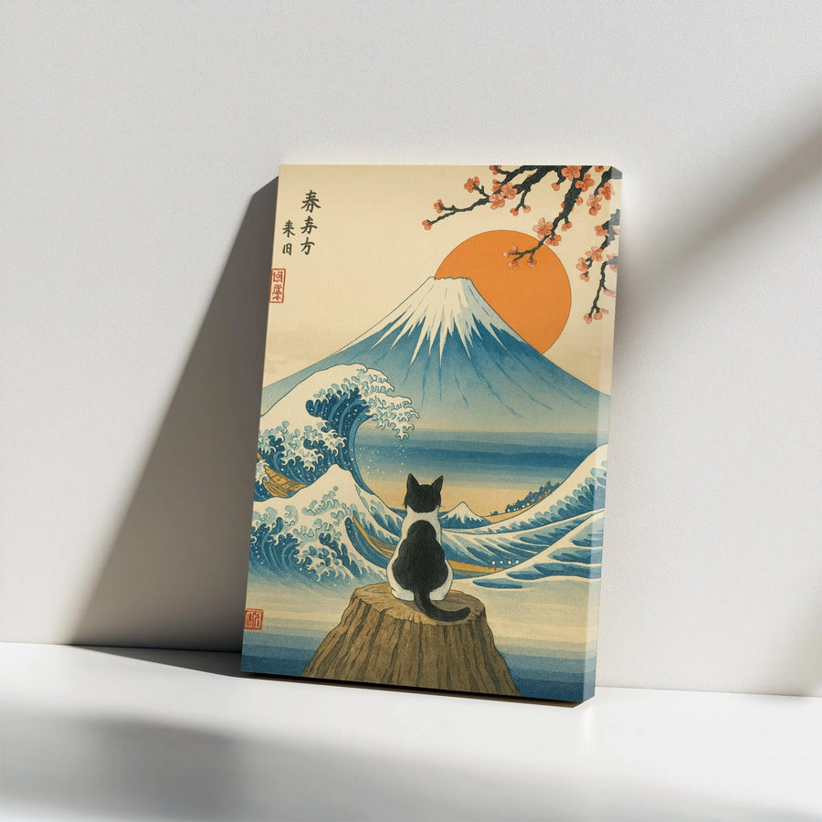 Japanese Cat Wall Art | Ukiyo-E Great Wave & Mt Fuji Style | Premium Gallery Wrap Canvas | Unique Home Decor Gift for Cat Lovers
