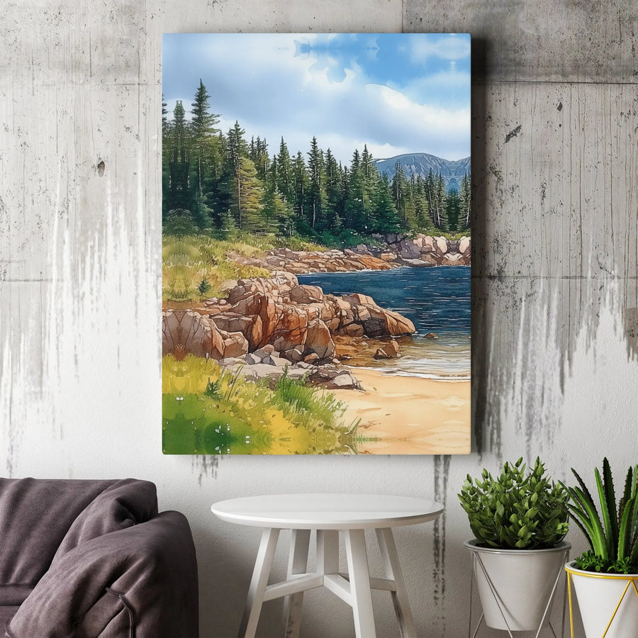 Watercolor Lake Landscape Canvas Print | Rocky Shore & Pine Tree Forest Wall Art | Premium Gallery-Wrapped Decor | Nature Lover Gift