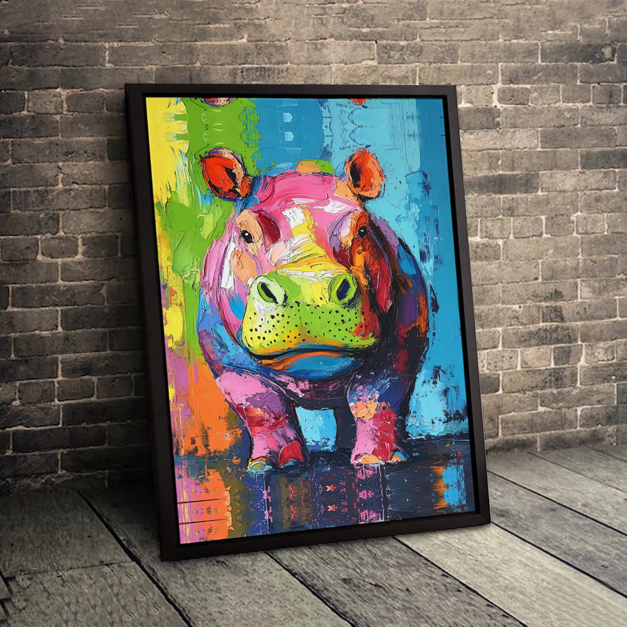 Colorful Abstract Hippo Canvas Print | Modern Palette Knife Wall Art | Gallery Wrapped Premium Canvas | Vibrant Animal Decor For Living Room