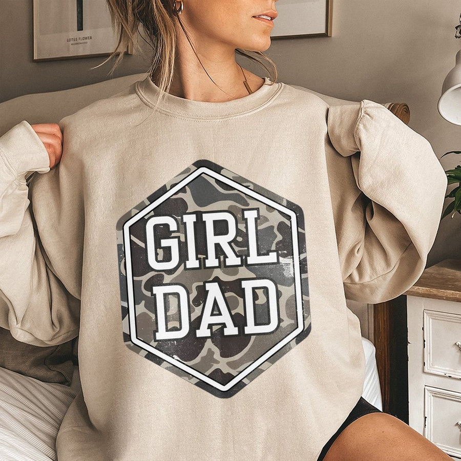 Girl Dad Sweatshirt | Camo Hexagon Graphic Design | Premium Cotton Blend | Funny Birthday Gift For New Dads & Father's Day 2026