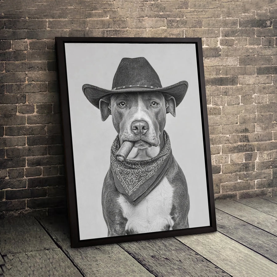 Pitbull Cowboy Wall Art | Western Dog Portrait with Cigar and Bandana | Gallery Quality Canvas Print | Rustic Home Decor Gift for Dog Lovers