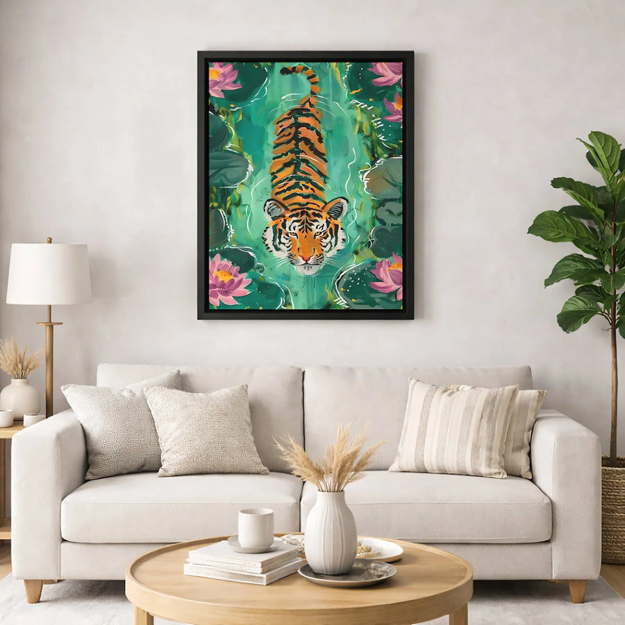 Tiger Canvas Wall Art | Swimming Tiger With Pink Lotus Flowers | Premium Fade-Resistant Gallery Wrap | Wildlife Jungle Decor for Living Room