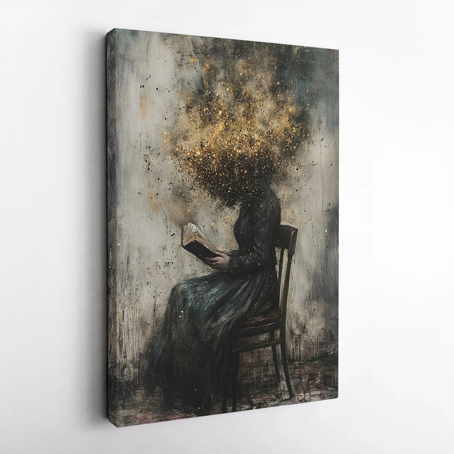Surreal Woman Reading Canvas Art | Abstract Exploding Glitter Head Design | Gallery-Wrapped Premium Print | Moody Home Office Decor Gift