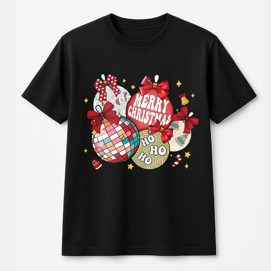 Retro Christmas Ornaments T-Shirt | Coquette Bow Graphic Tee | 100% Cotton Premium Comfort | Trendy Holiday Gift For Women