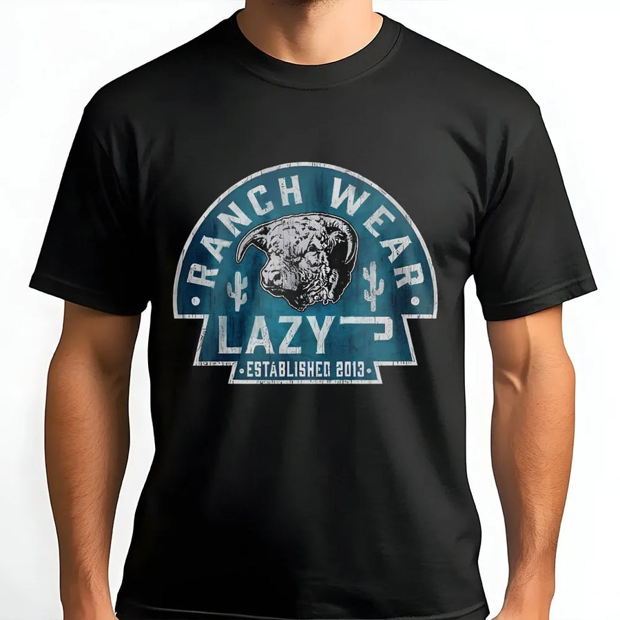 Lazy J Ranch Wear T-Shirt | Vintage Hereford Bull & Cactus Graphic | 100% Cotton | Western Cowboy Farmer Gift