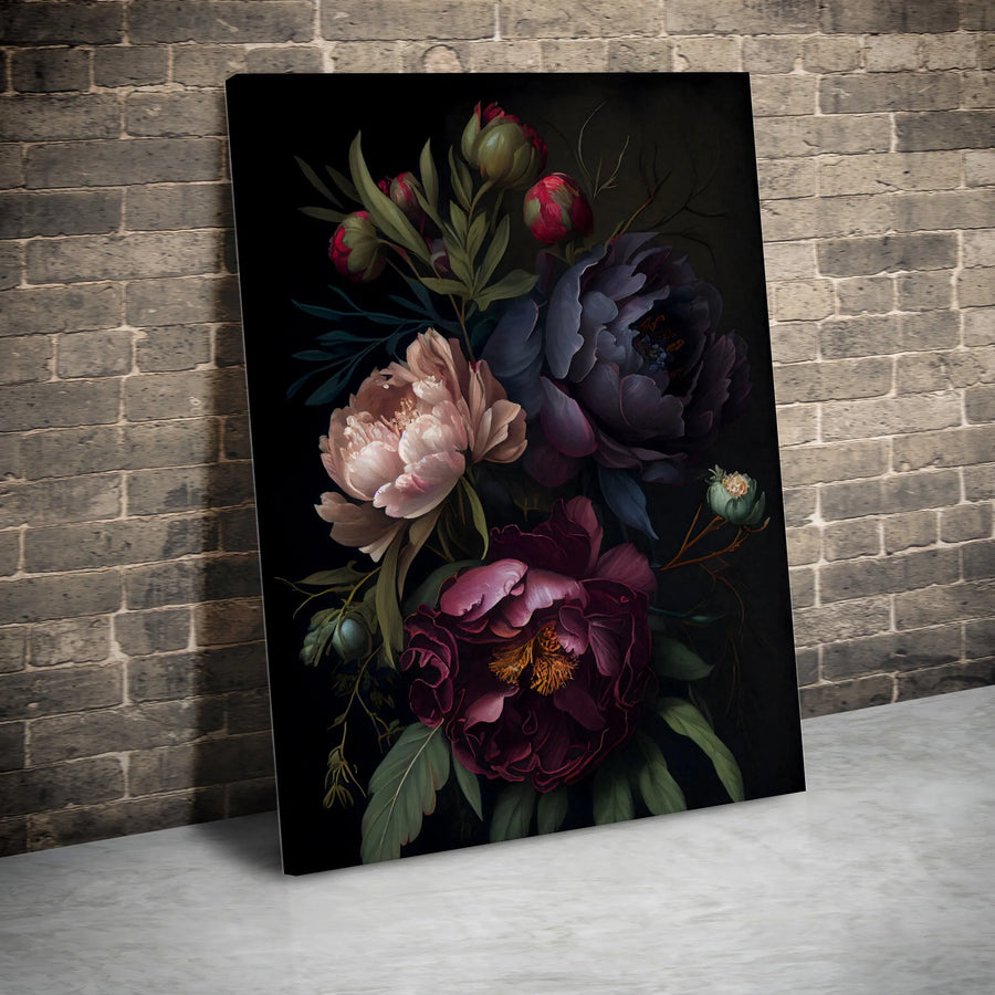 Dark Floral Canvas Art | Vintage Peony Bouquet Print | Premium Gallery Canvas | Moody Home Decor Gift