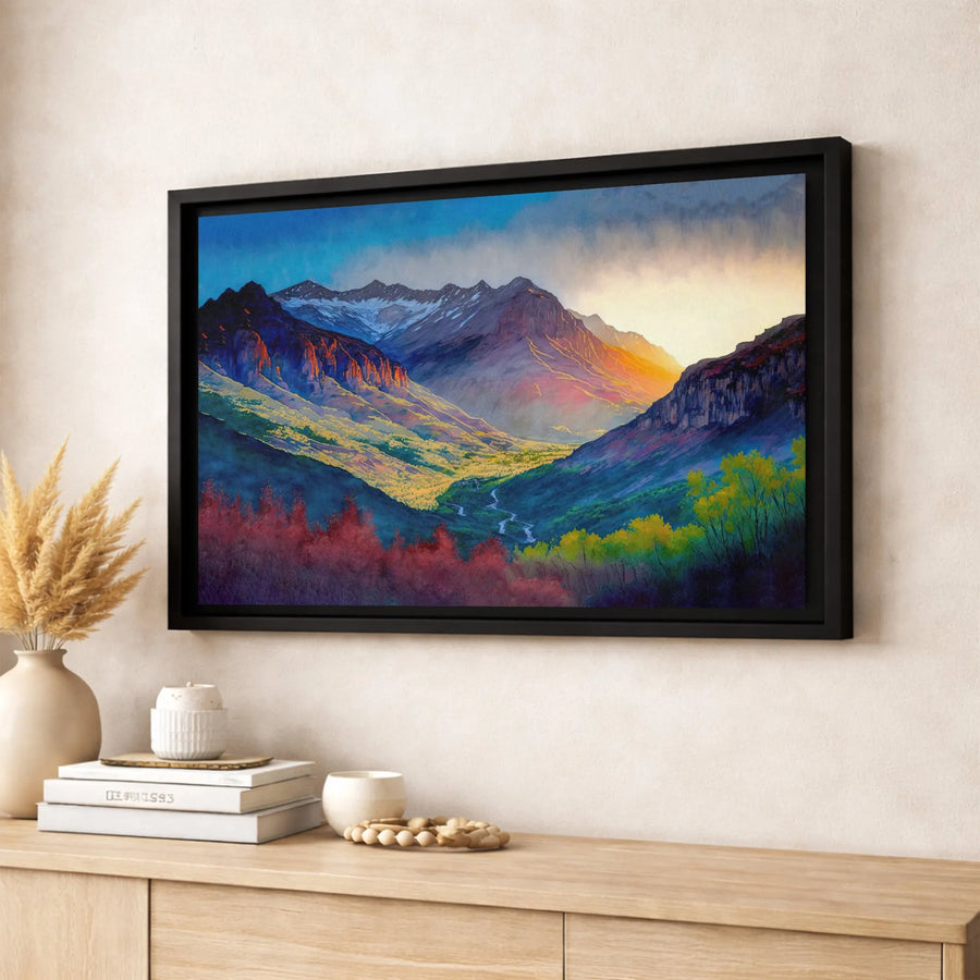 Mountain Valley Canvas Print | Vibrant Sunset Landscape Wall Art | Premium Fade-Resistant Gallery Wrap | Modern Home Decor Gift