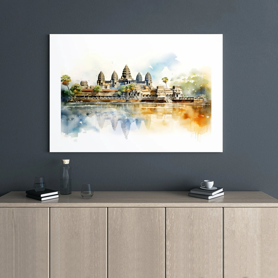 Angkor Wat Canvas Print | Watercolor Temple Reflection Wall Art | 1.25-Inch Premium Gallery Wrap | Travel Decor Gift for Wanderlust Collectors