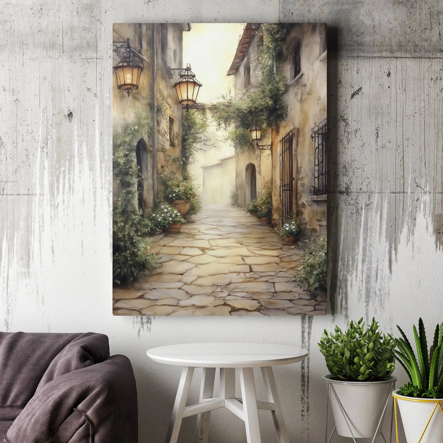 Italian Village Canvas Print | Watercolor European Alley Scene with Lanterns | Premium Gallery Wrapped Wall Art | Tuscan Inspired Home Decor Gift