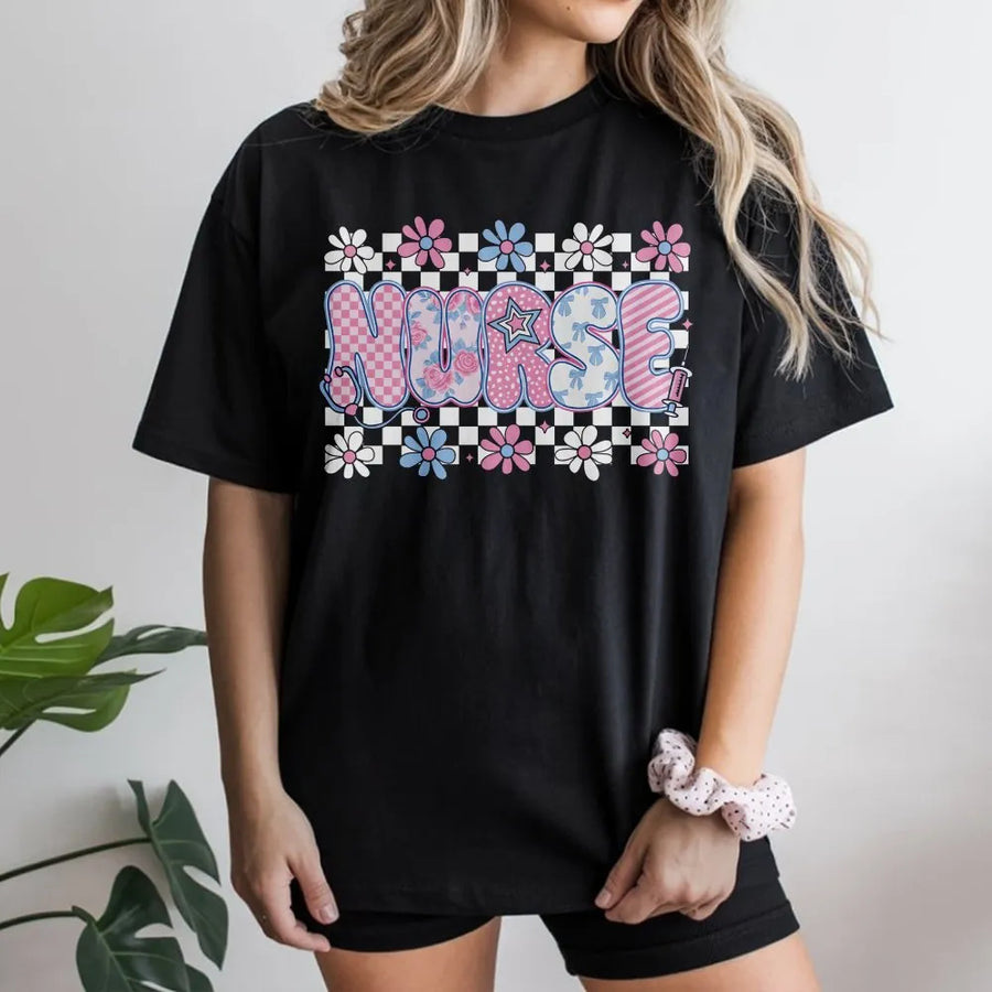Preppy Nurse T-Shirt | Floral Checkered Graphic Tee | Premium 100% Cotton | RN CNA Nursing School Graduation Gift
