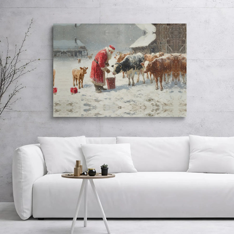 Santa Feeding Cows Canvas | Snowy Farm Christmas Wall Art | Premium Gallery Wrap Print | Festive Rustic Holiday Home Decor Gift