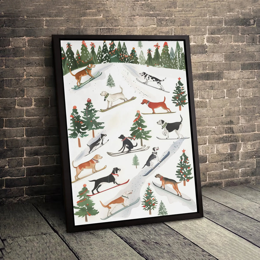 Skiing Dogs Christmas Wall Art | Whimsical Winter Snow Sport Decor | Premium Gallery Wrap Canvas | Holiday Gift for Dog Lovers
