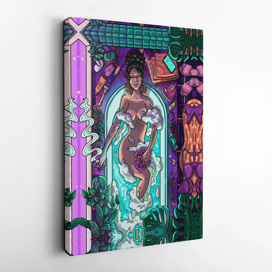 Stoner Self Care Canvas Wall Art | Vibrant Psychedelic Bathtub Illustration | Premium Fade-Resistant Print | Unique Bathroom Decor Gift