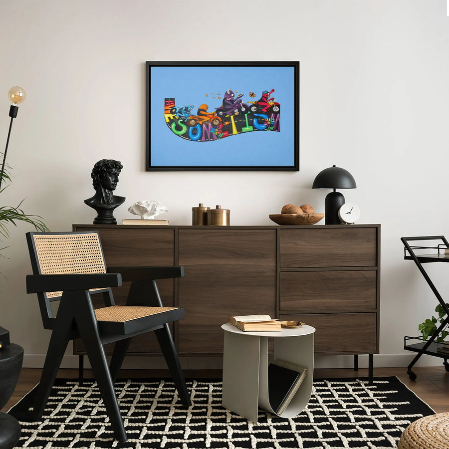 Monster Motorcycle Wall Art | Colorful Cartoon Biker Creatures Canvas | Premium Gallery-Wrapped Print | Whimsical Home Decor Gift