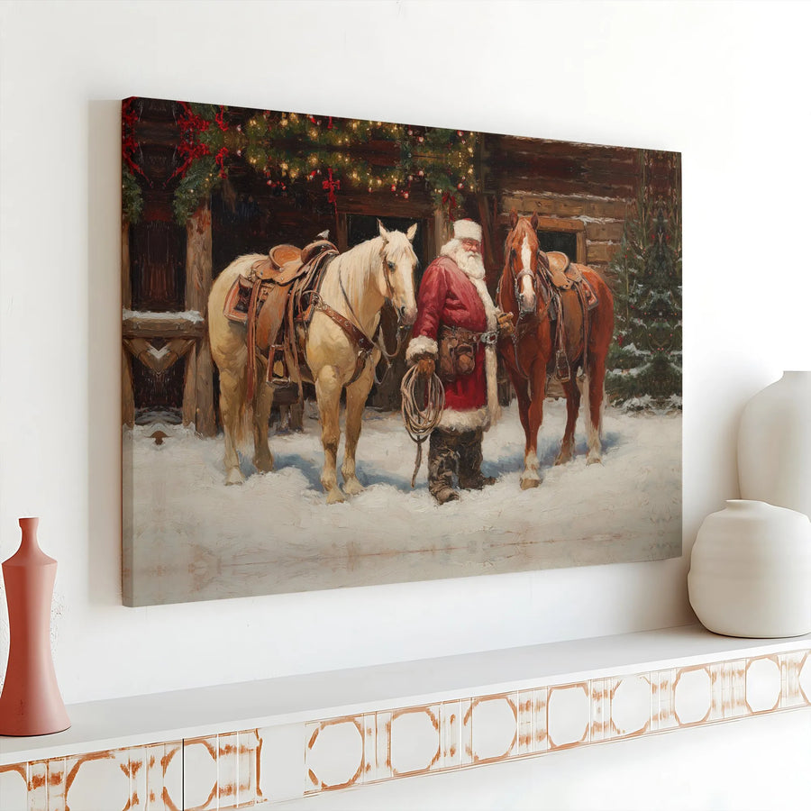 Western Santa Canvas Wall Art | Cowboy Santa Claus with Horses | Premium Gallery Wrap Print | Rustic Holiday Decor for Christmas Gift