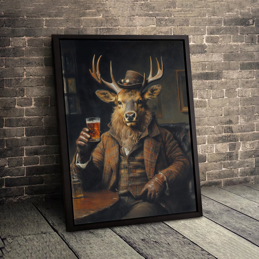 Dapper Deer Canvas Wall Art | Anthropomorphic Stag in Plaid Suit | Premium 1.25" Gallery Wrap | Man Cave Decor and Bar Room Gift