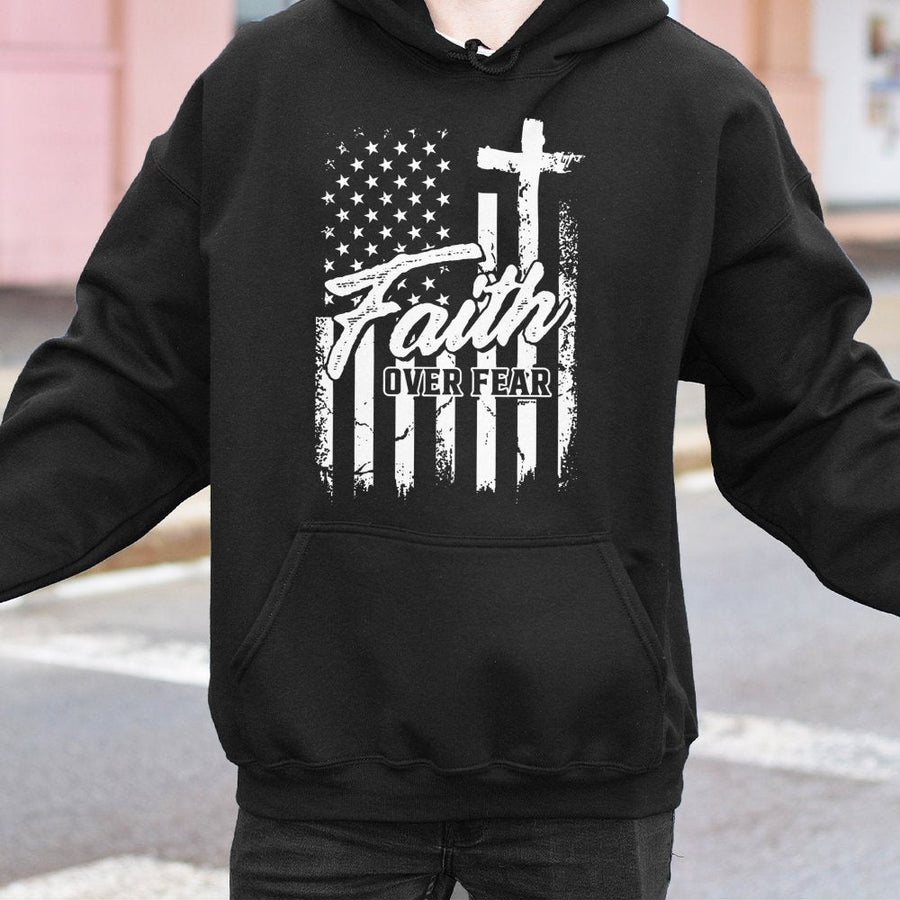 Faith Over Fear Hoodie | American Flag Christian Cross Graphic | Premium Cotton Blend | Patriotic Gift for Men and Women