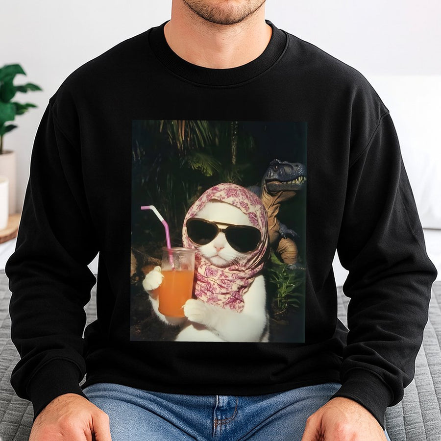 Chill Girl Cat With Dinosaur Sweatshirt | Funny Internet Meme Graphic | Premium Cotton Blend | Unisex Oversized Streetwear Gift for Cat Lovers