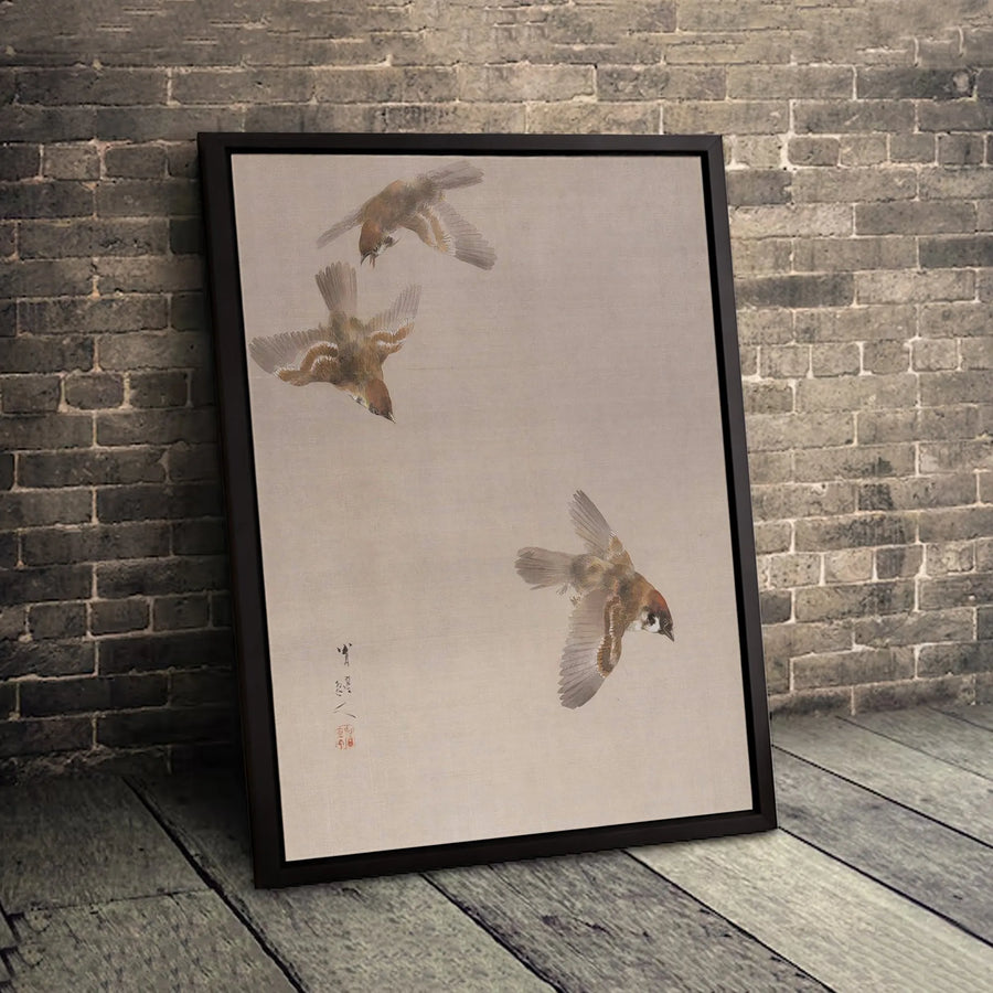 Japanese Sparrow Wall Art | Minimalist Bird Nature Print | Premium Gallery Canvas | Zen Home Office Decor Gift